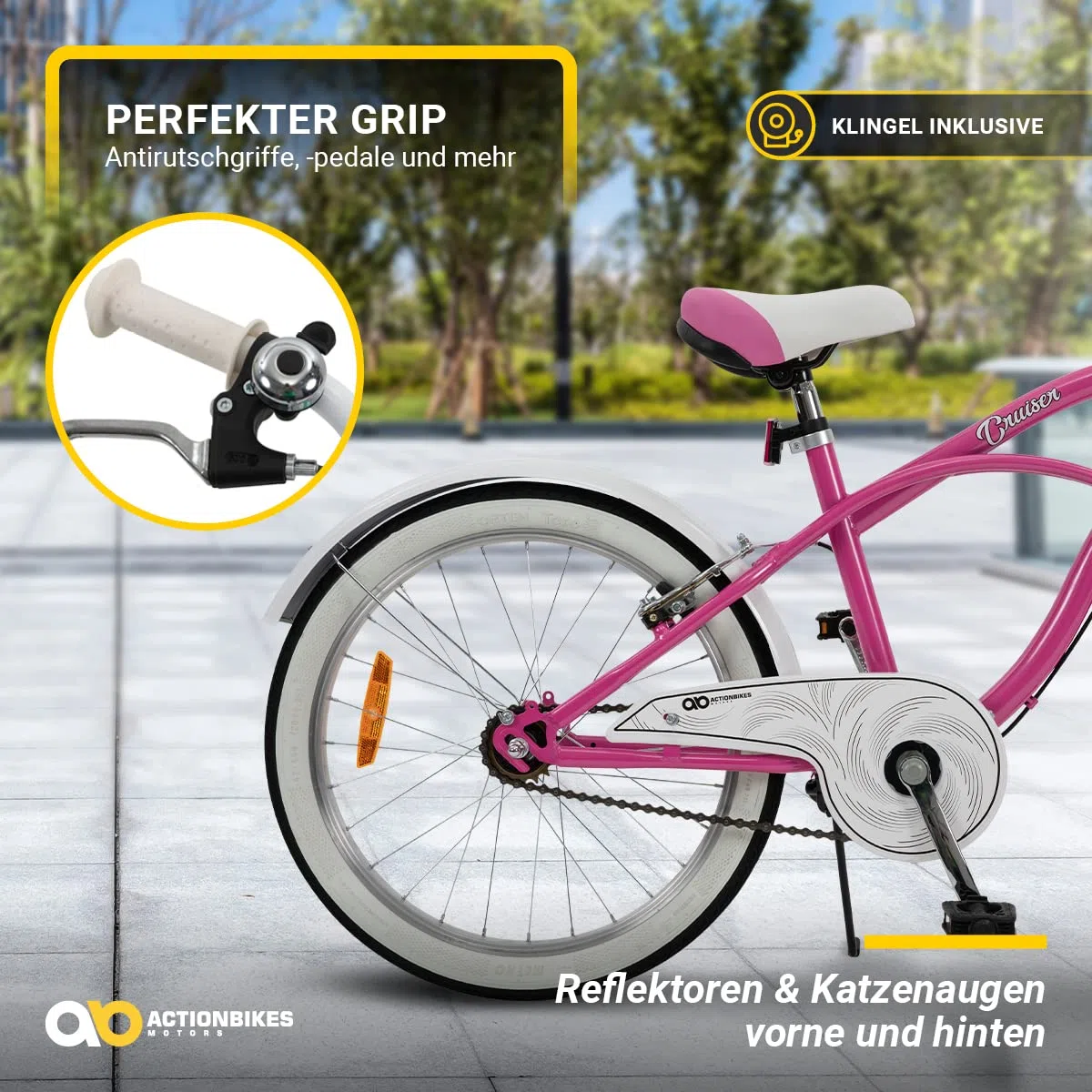 Actionbikes Kinderfahrrad Cruiser | 20 Zoll - V-Brake Bremsen - Fahrrad für Kinder von 6-9 Jahren - Schutzblech v. / h - Kinder Fahrrad für Mädchen & Jungen - Fahrräder - Bicycle - Kinderrad