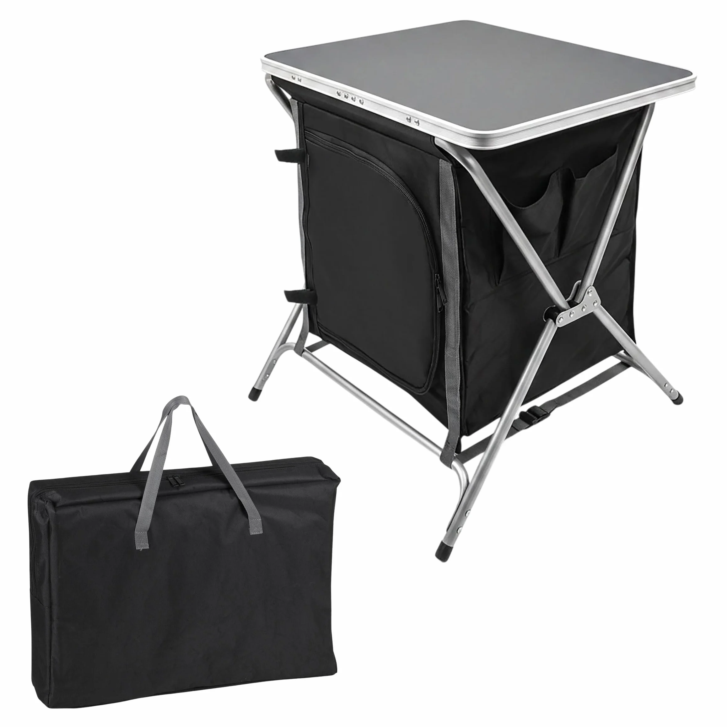 Spetebo Alu Campingschrank Faltbar - 64x60x45cm - Camping Faltschrank Campingtisch Mehrzweckschrank Küche Vorzelt Zubehör - Grau/Schwarz