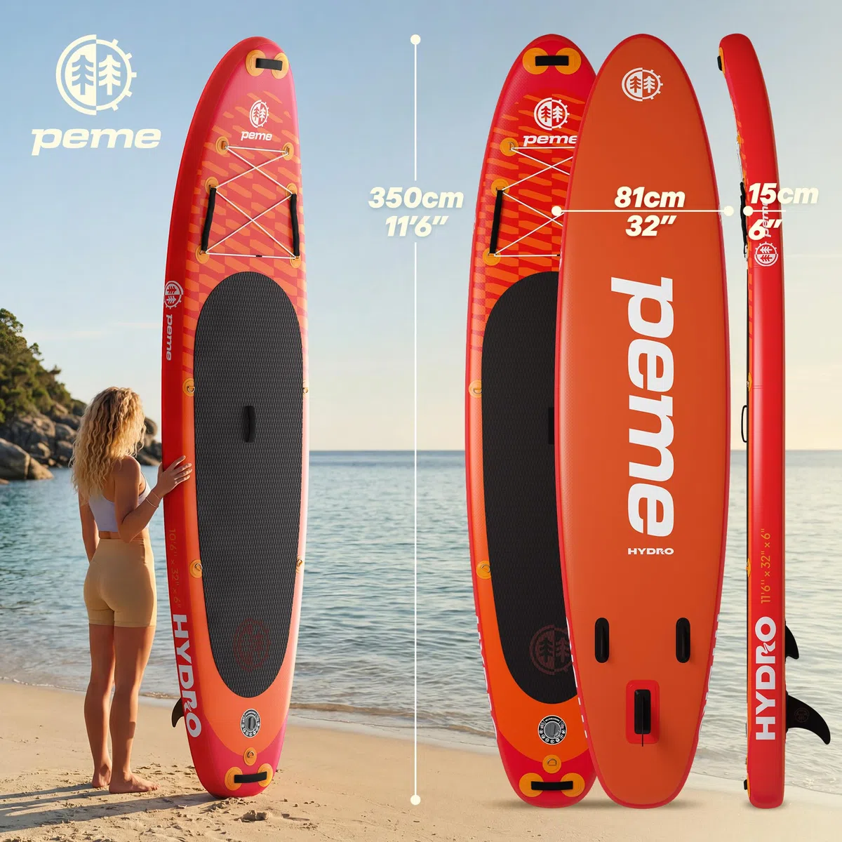 peme Stand Up Paddling Board SUP Paddle Standup Sub Surfbrett mit Zubehör Surfboard Paddelboot für Wassersport bis 150/166 kg Allround Paddleboard Supboard und Doppelpaddel – Hydro 320 350 cm