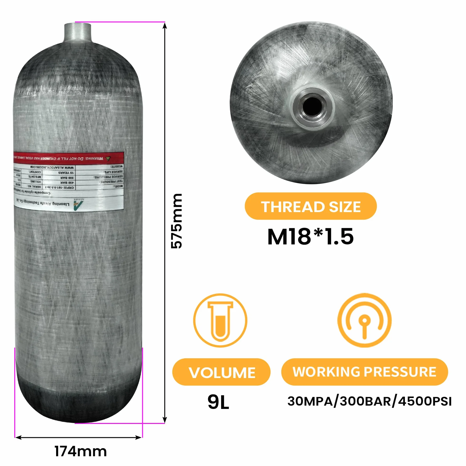 TUDIVING 4500Psi Kohlefaser-Tauchflasche (Nicht DOT-Zertifiziert) 9L 549Cu in 9000CC Hochdruck-Verbundzylinder, Tauchflasche für Schnorcheln und Wassersport