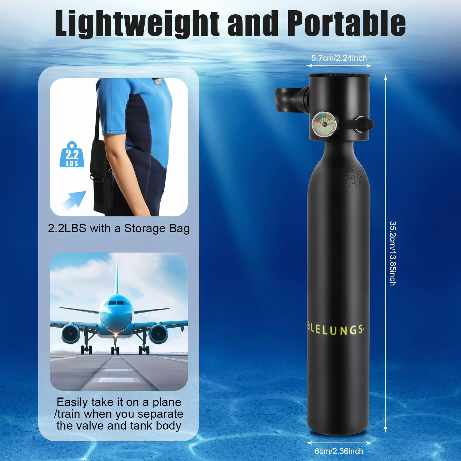 0,5L Mini Tauchflasche, Sauerstofftank Taucher Set mit Manometer und Tragegurt, Tragbare Sauerstoffflasche für Schnorcheln, Apnoetauchen & Notfall-Backup