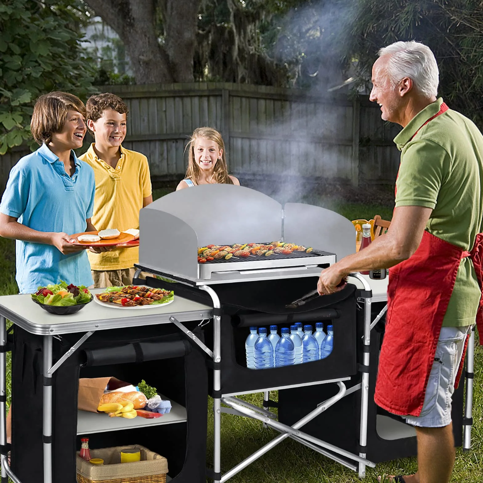 Froadp Faltbar Camping Schränke Mobile Campingküche Schrank mit MDF Tischplatte & Tragetasche Mobile Gartenküche Grilltisch Außenküche für BBQ Reisen Camping Garten Balkon