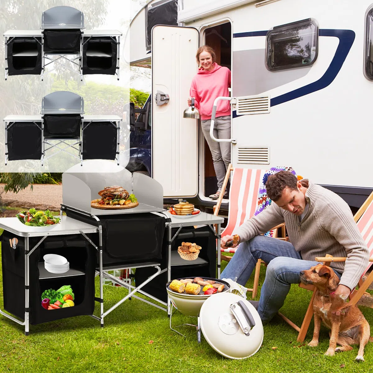 Daromigo XXL Campingküche faltbar, 3 Arbeitsflächen & 5 Fächer – Mobile Outdoor Kochstation mit Windschutz & Tasche, Großer Campingschrank stabil für Familien, Grillen & Wohnmobil