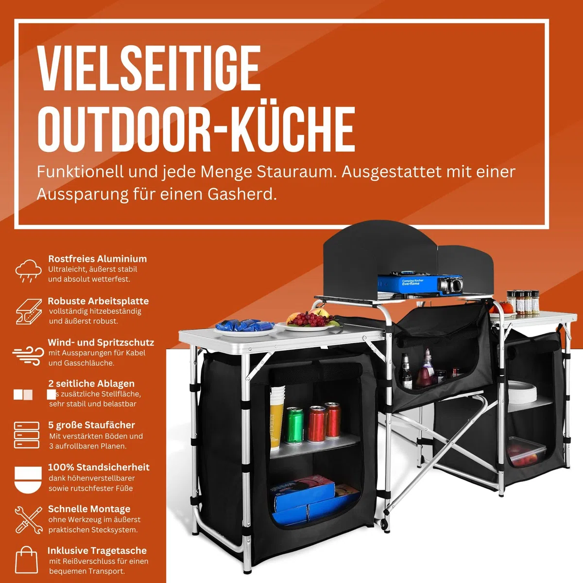 Campingschrank Camping Outdoor Vorzelt Campingmöbel, Camping Küche, faltbar, Reiseküche, Küchenschrank mit Arbeitsplatte und Staufächern für Outdoorküche, Vorzelt, Wohnwagen