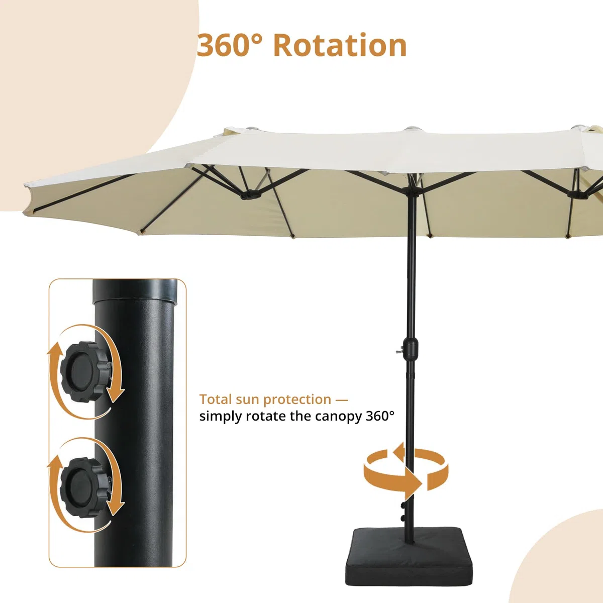 VOWNER Sonnenschirm Doppelseitiger, 4,4mx2,6m, Rechteckig Sonnenschirm mit Kurbel, Sommer Schirm Rechteckig Gartenschirm UV-Schutz, für Terrasse, Garten, Pool, Beige, mit Sonnenschirmhalter + Base