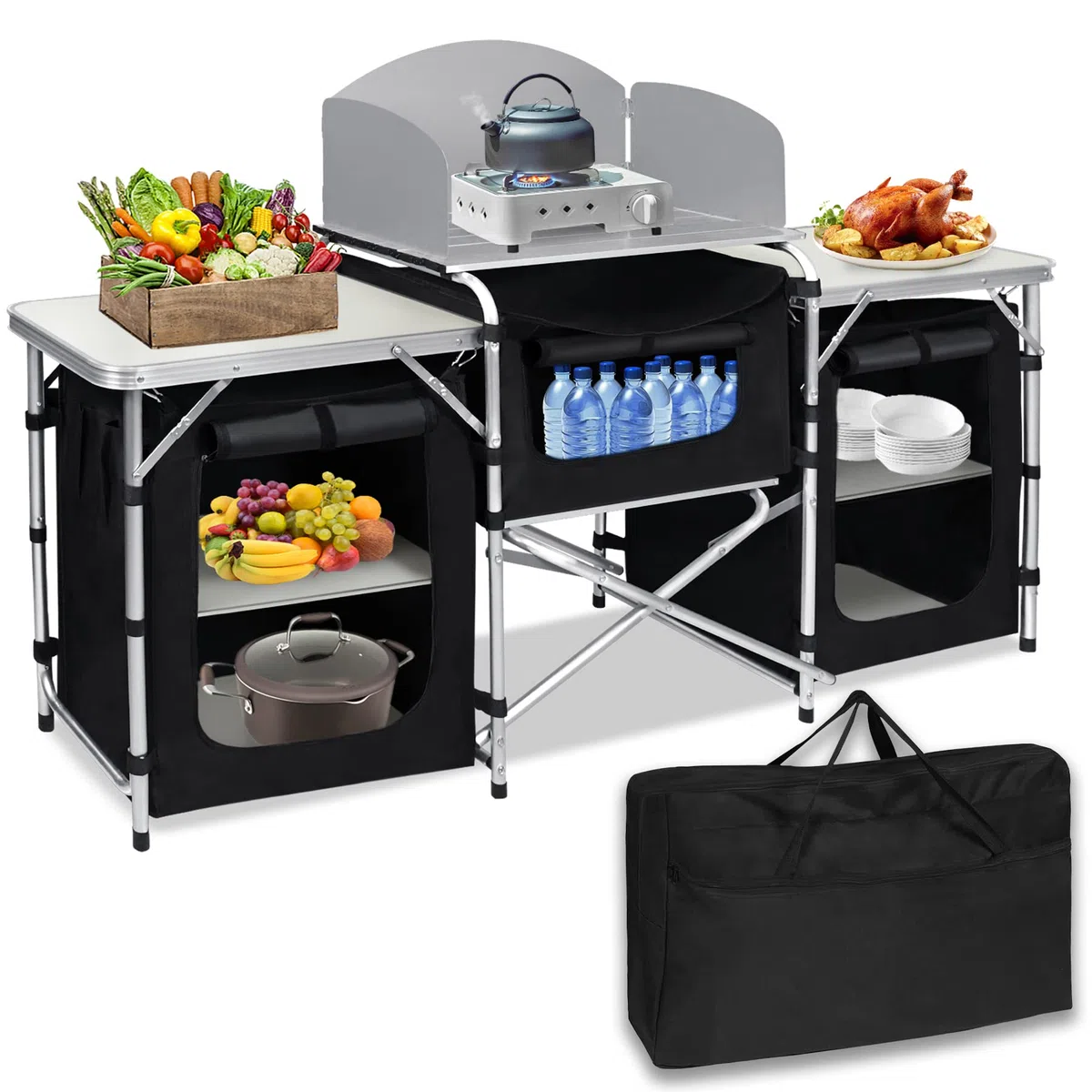 Froadp Faltbar Camping Schränke Mobile Campingküche Schrank mit MDF Tischplatte & Tragetasche Mobile Gartenküche Grilltisch Außenküche für BBQ Reisen Camping Garten Balkon