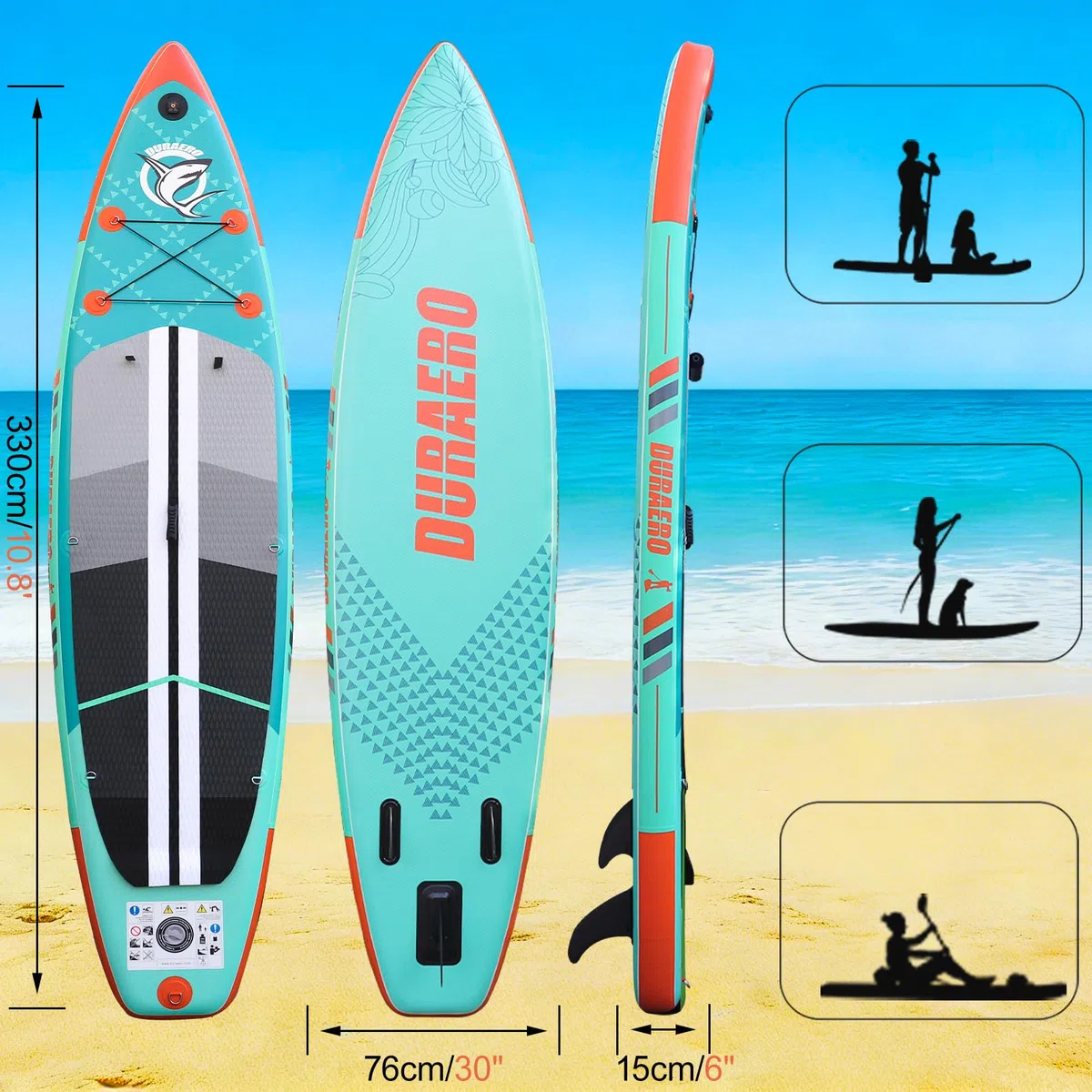 Stand up Paddling Board Aufblasbare SUP Set, Kajak Sitz,330x76x15cm, Tragkraft bis 150Kg, Cam Halterung,Integrierte Kick-Pad, 3 Finnen, Verstellbares Doppel-Paddel, Komplettes Zubehör, Mintgrün