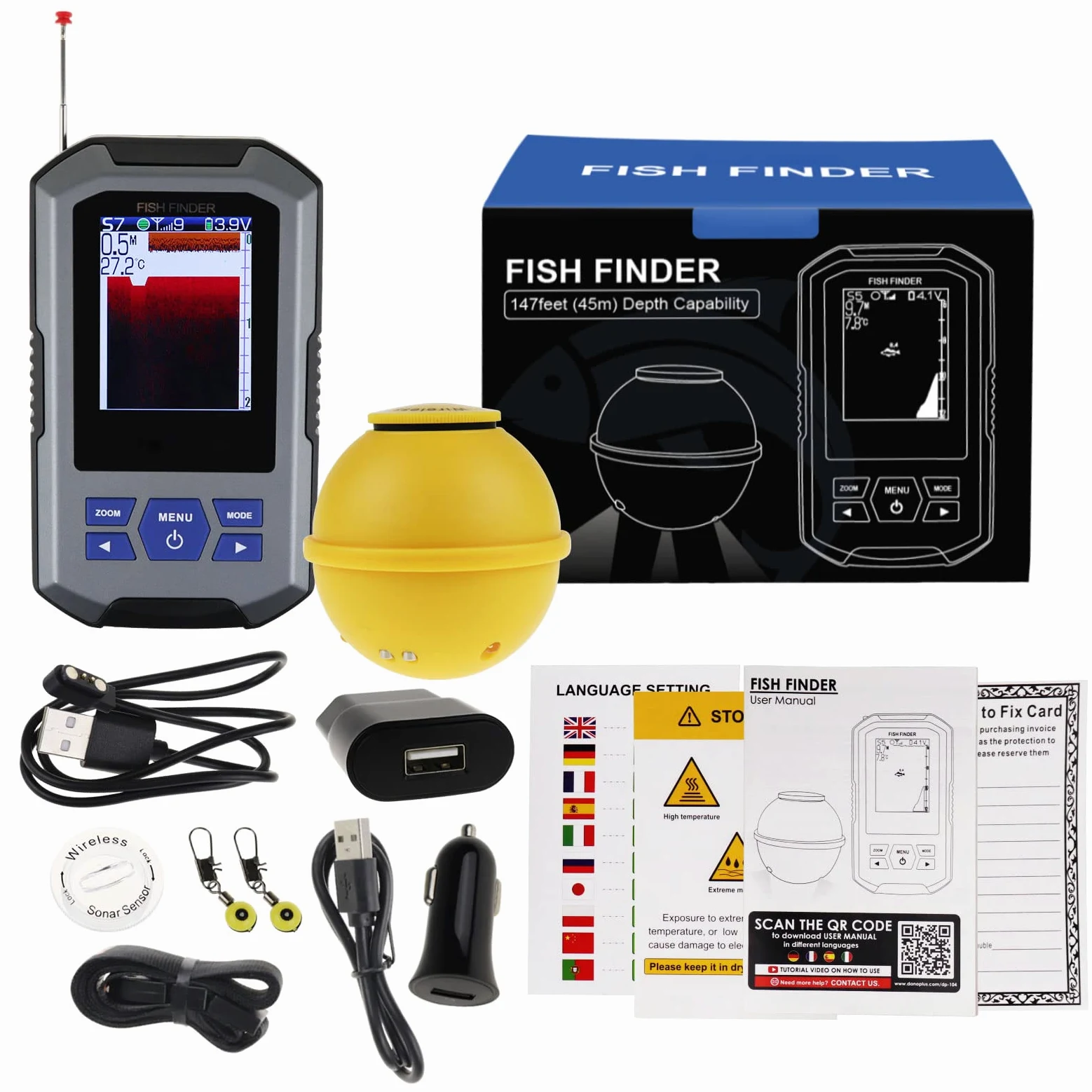 Fischfinder Wireless Sonar Sensor 125kHz Frequenz 45 Meter / 147 Fuß, Tragbarer Fish Finder mit Tiefenalarm Funktion und großes LCD-Display