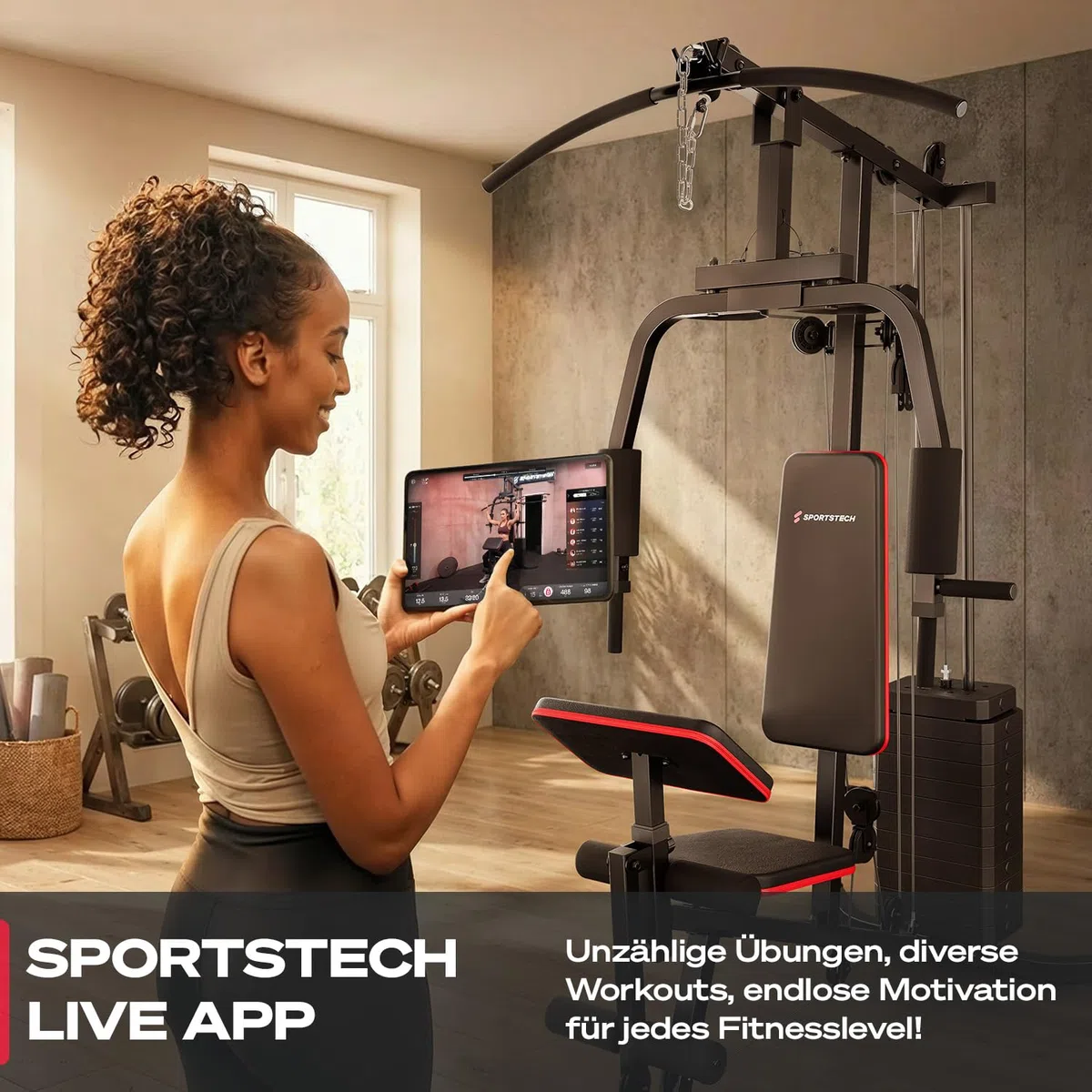 Kraftstation für zuhause, Multifunktion Fitnessstation, Bauchtrainer, Home Gym, 60 kg Gewichte, Butterfly, Beinstrecker, Latzugstange, Bizepscurl, Ganzkörpertraining, Multigym, HGX50