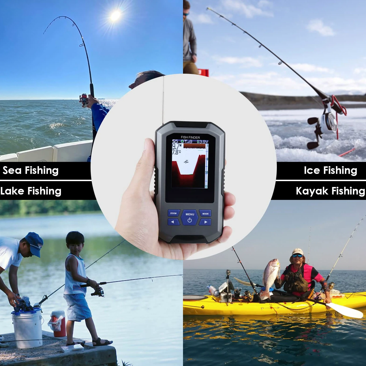 Fischfinder Wireless Sonar Sensor 125kHz Frequenz 45 Meter / 147 Fuß, Tragbarer Fish Finder mit Tiefenalarm Funktion und großes LCD-Display