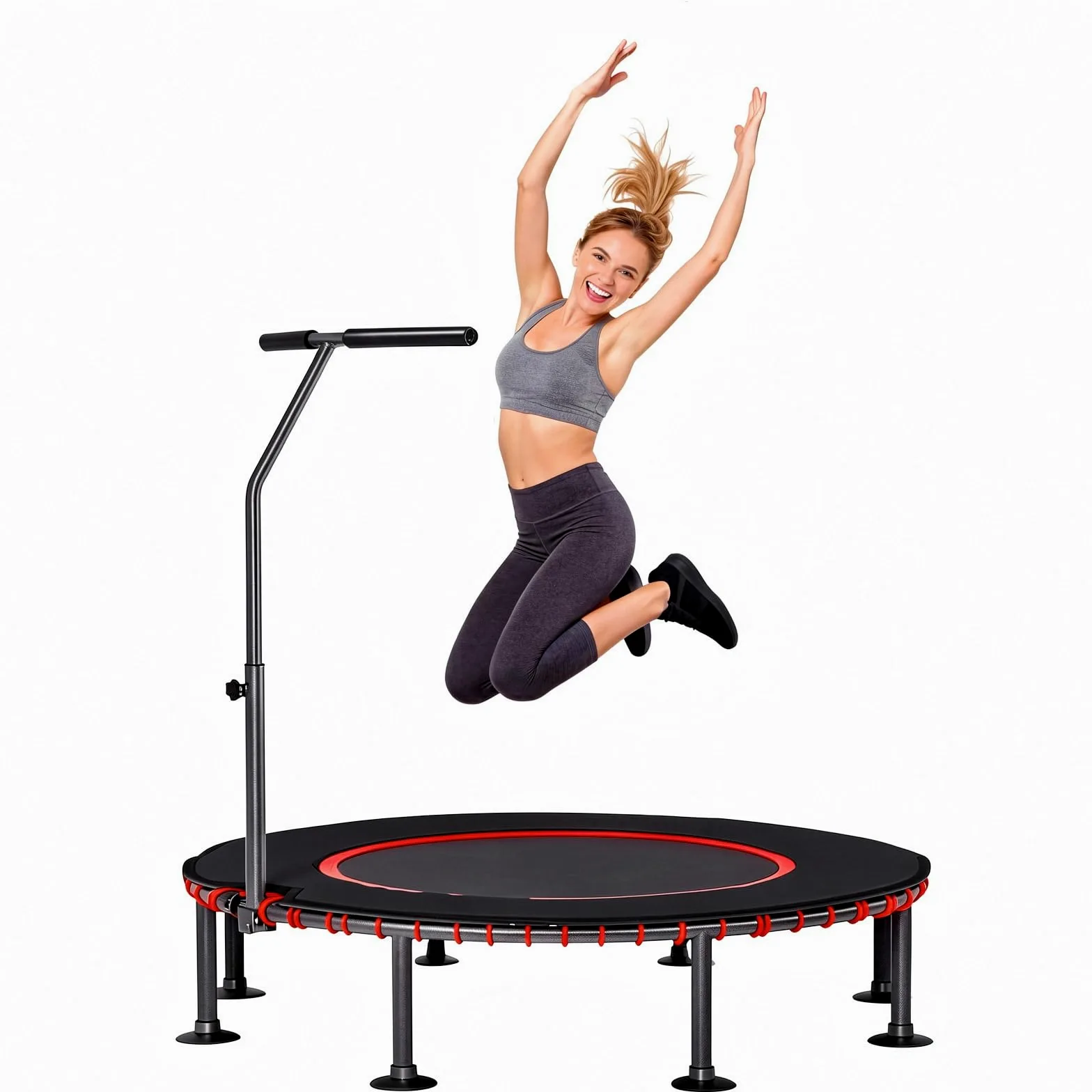 LIFERUN Ø102/122cm Fitness Trampolin Indoor mit Randabdeckung, bis 150kg, 3-stufiger Haltegriff, ohne Montage, geräuscharme Gummiseilfederung, für Erwachsene und Kinder, für drinnen und draußen