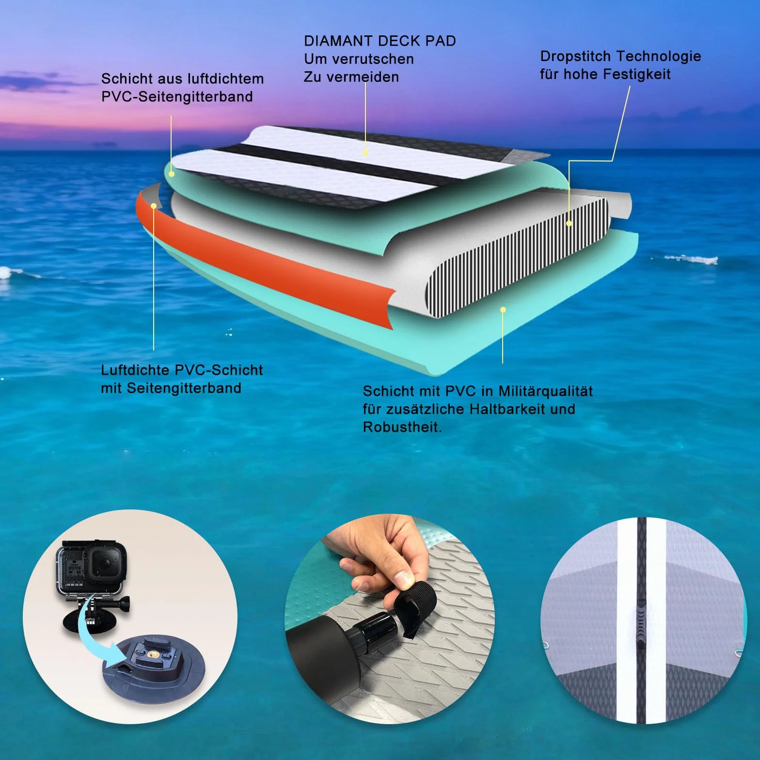 Stand up Paddling Board Aufblasbare SUP Set, Kajak Sitz,330x76x15cm, Tragkraft bis 150Kg, Cam Halterung,Integrierte Kick-Pad, 3 Finnen, Verstellbares Doppel-Paddel, Komplettes Zubehör, Mintgrün