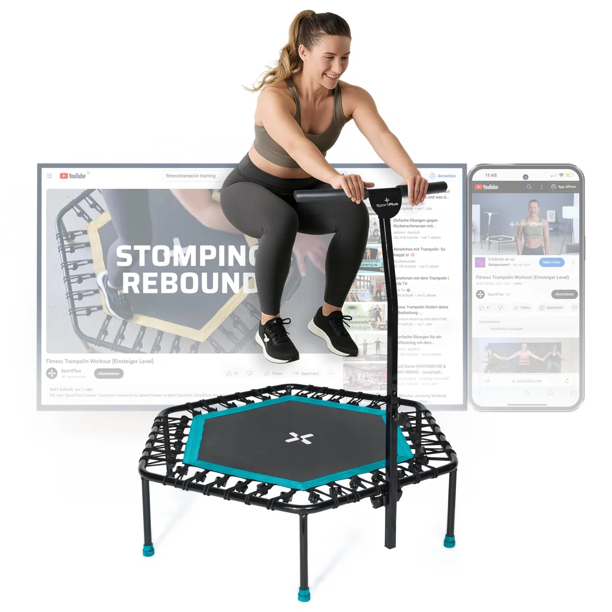 SportPlus Fitness Trampolin Indoor für Zuhause, Trampolin mit Haltestange höhenverstellbar, Gummiseilfederung, Workout & Cardiotraining, Premium-Qualität Designed in Germany 130kg