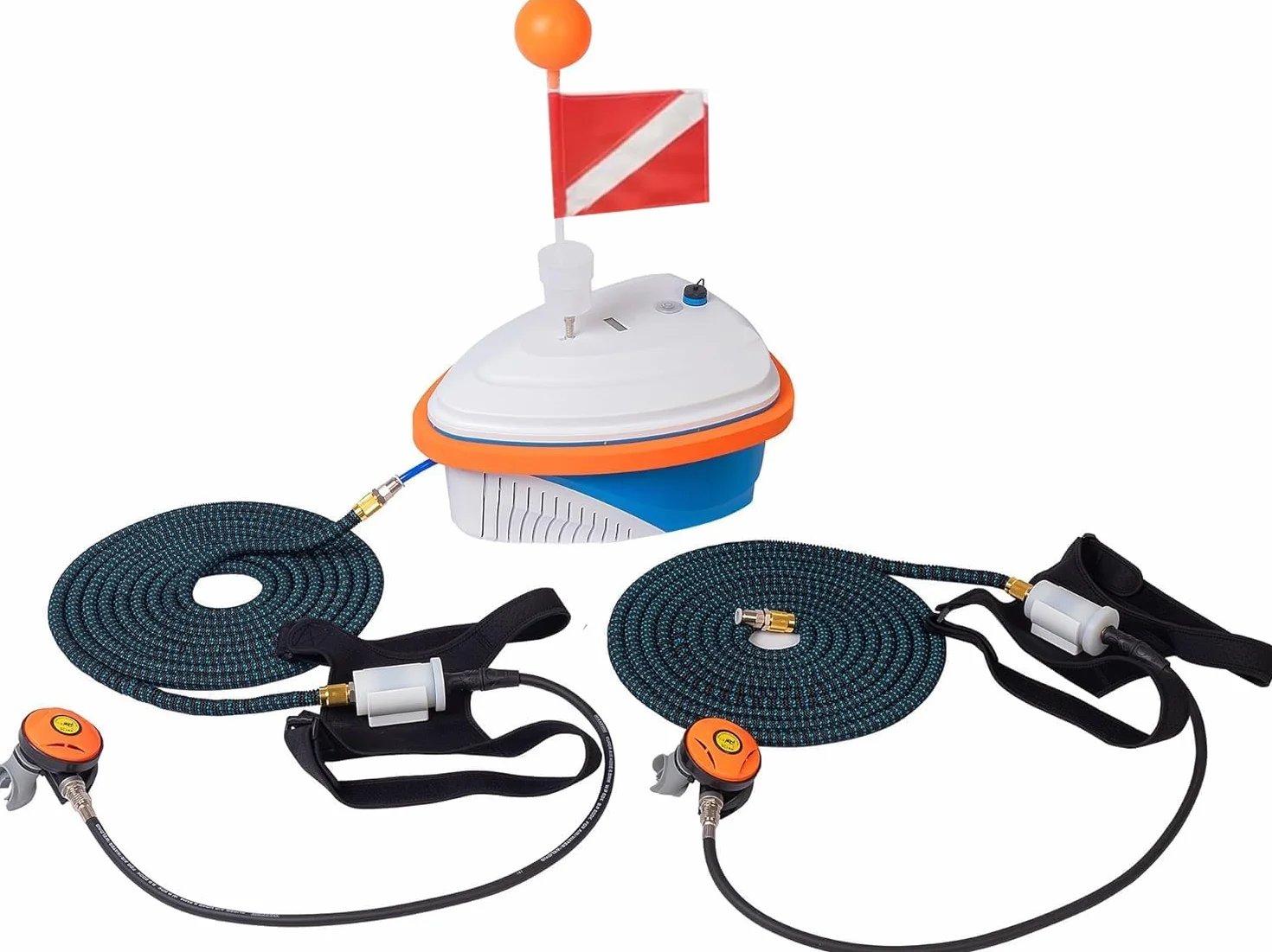 2 Taucher Wiederaufladbares Tauchflasche Tauchsystem, Wasserdichter Luftkompressor mit 60ft Schlauch und Tauchatemregler, Tauchgerät für Sporttauchen, Angeln, 5-6H
