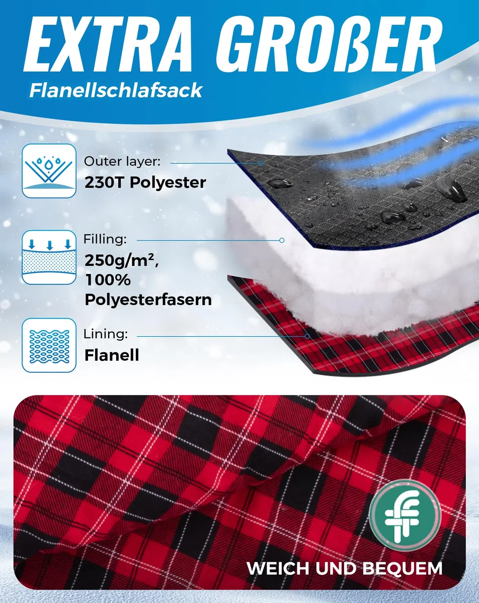 KingCamp Schlafsack XXL Baumwolle Flanell für Erwachsene, Übergröße Warm Deckenschlafsack Winter für Camping Reisen und Aktivitäten Outdoor im 4-Jahreszeiten, 220x100cm