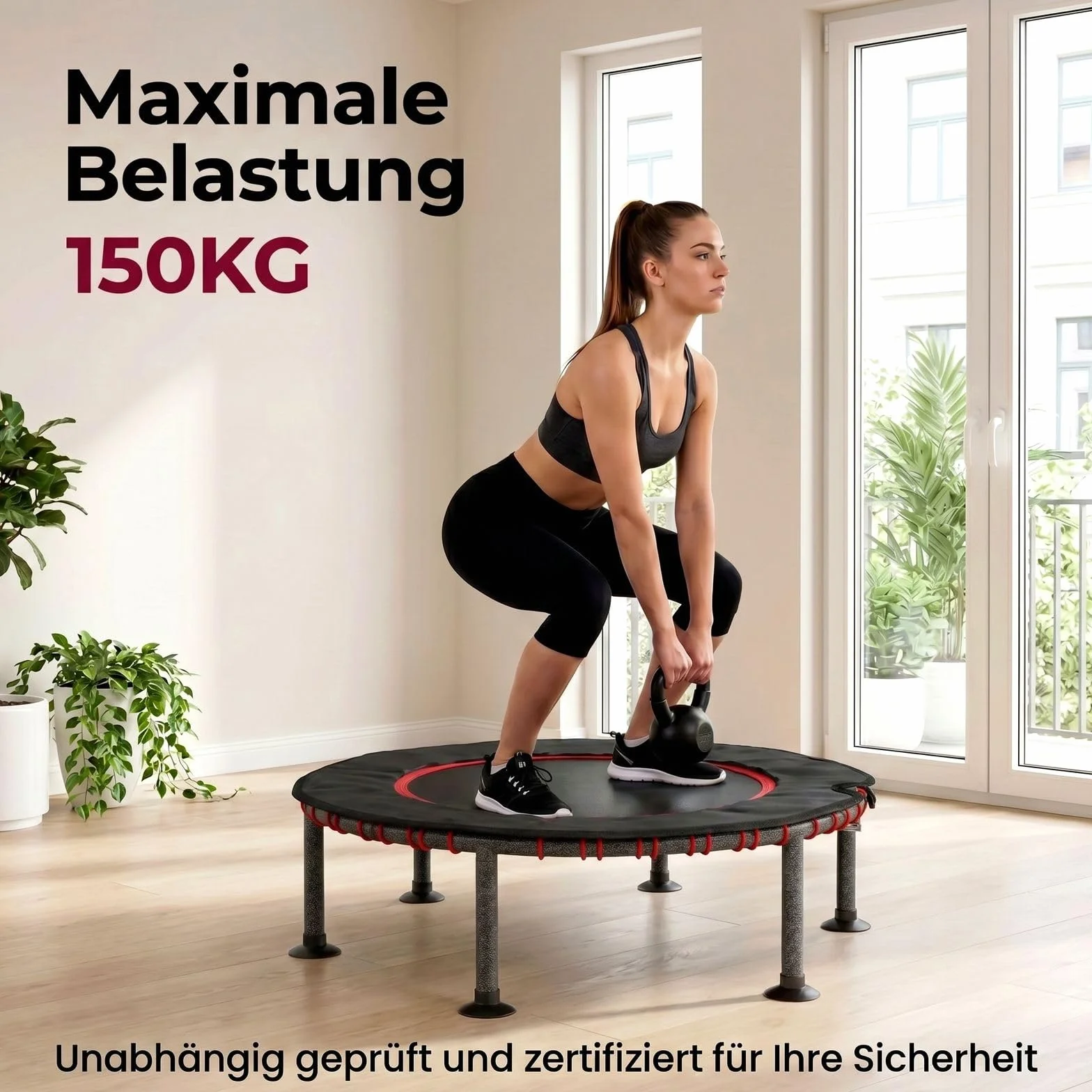 LIFERUN Ø102/122cm Fitness Trampolin Indoor mit Randabdeckung, bis 150kg, 3-stufiger Haltegriff, ohne Montage, geräuscharme Gummiseilfederung, für Erwachsene und Kinder, für drinnen und draußen