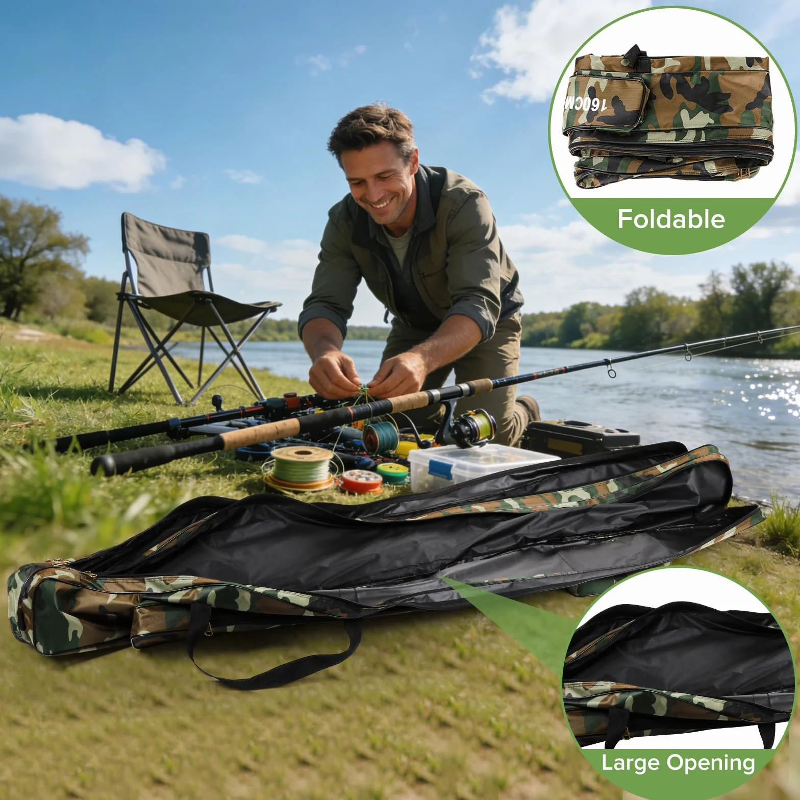 Tragbare Angelrutentasche aus Canvas, 160 cm verstellbare doppellagige Angeltasche Tragetasche für Angelrollen Werkzeug Ruten und Zubehör, ideal zum Angeln, Campen und Wandern